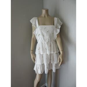 ADELYN RAE White Gold Embroidered Flowers L Ruffled Layered Short Sleeve Dress
